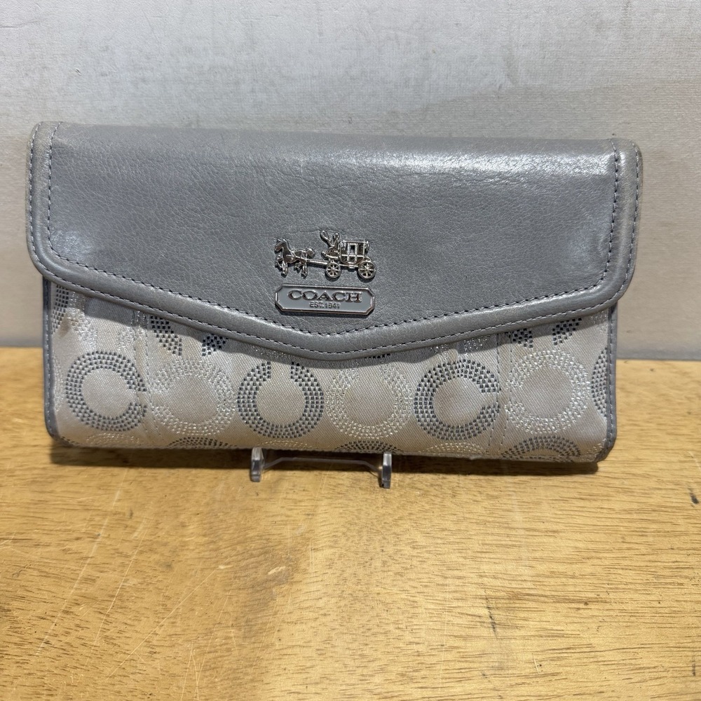 COACH Women Gray Silver Canvas Leather Trifold Wallet Op Art Logo Y2K 90s Zip - Picture 2 of 10